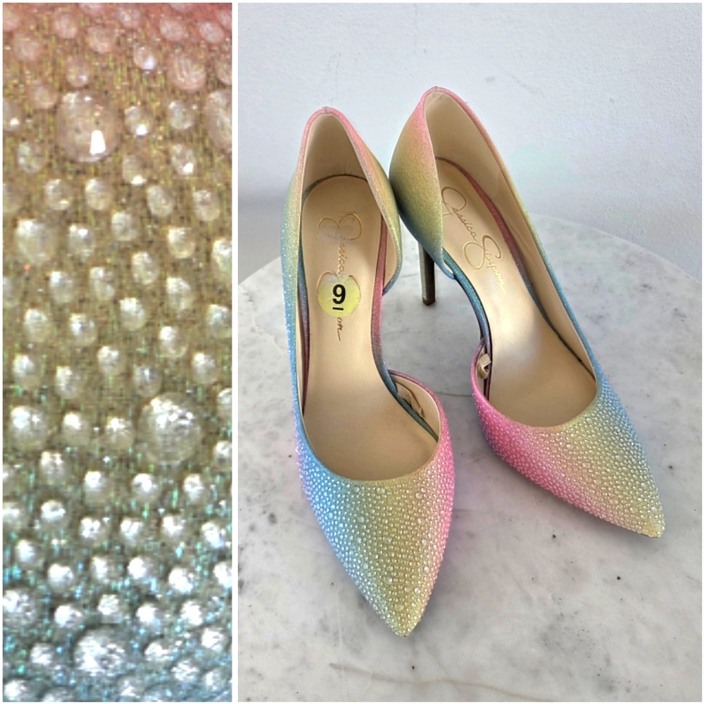Jessica Simpson Multicolor Rainbow Ombre Rhinestone Heels Pumps NWT Pointed Toe